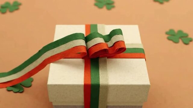 St Patricks Day gift box with Irish flag ribbon and shamrocks