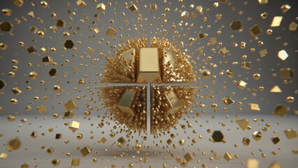 Gold bar explosion into various shapes, abstract investment growth and asset variety illustration