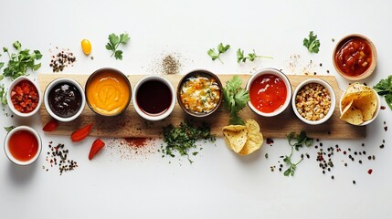 Variety of gourmet sauces and dips presented on a wooden board, perfect for culinary and food photography projects, high angle view