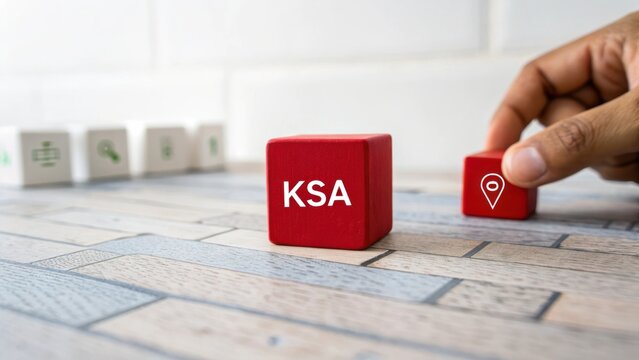 Red blocks labeled KSA and location pin on a wooden surface highlighting travel and geography concepts in Saudi Arabia