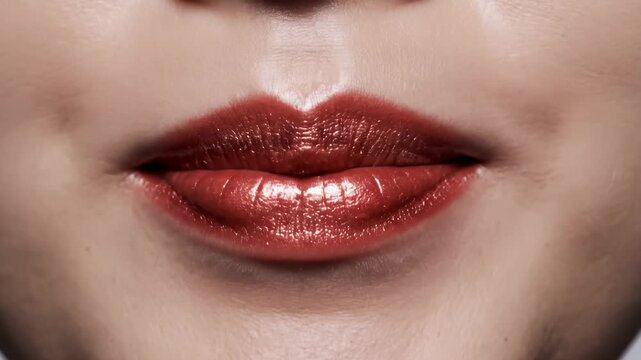 Close Up of Woman's Lips With Red Lipstick and Tongue Out, Beauty