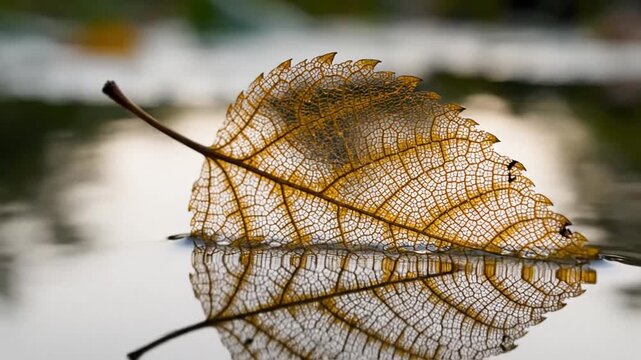 Macro close-up of a delicate, translucent leaf skeleton floating on calm water with a blurred background, showcasing intricate veins and a serene natural scene.