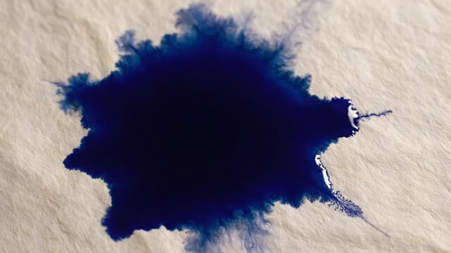 Close-up aerial view of a dark blue ink stain on a textured white surface with a rough, porous background.