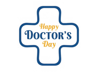 Happy doctors day message in blue and yellow on a cross symbol isolated on transparent background