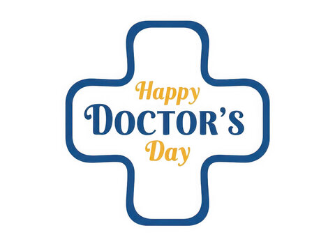 Happy doctors day message in blue and yellow on a cross symbol isolated on transparent background