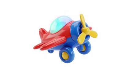 Colorful plastic toy airplane with yellow propeller and blue wheels on transparent background