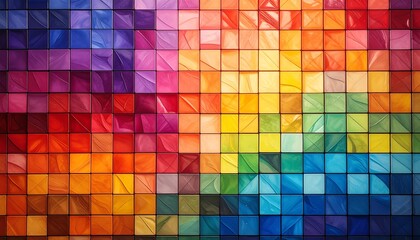 Vivid colorful square gradient tiles arranged perfectly, creating a harmonious spectrum of bright hues, inspiring creativity and modern artistic expression.