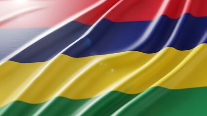 Obraz premium A close-up view of the vibrant national flag of Mauritius waving in the wind, showcasing its distinct red, blue, yellow, and green horizontal stripes.