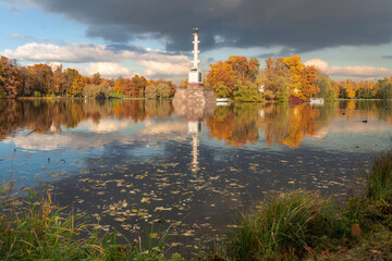 The Chesme Column in the center of the Great Pond in the Catherine Park of Tsarskoye Selo on a sunny autumn day, Pushkin, Saint Petersburg, Russia