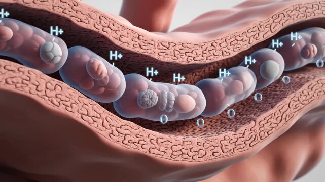 Dynamic 3D animation of cellular energy production. H+ ions move across a biological membrane, illustrating ATP synthesis.