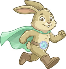 Obraz premium Energetic cartoon superhero rabbit mascot running with a green cape and boots.