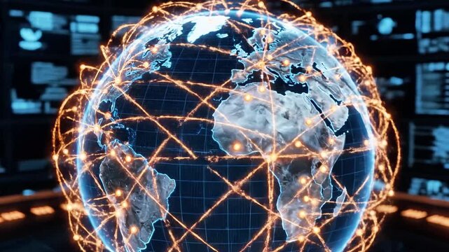 A close-up view of a globe with glowing orange lines and dots connecting various points across the world