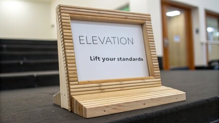 Wooden Sign Display for Elevation Concept with Inspirational Message to Lift Standards in Professional Environment