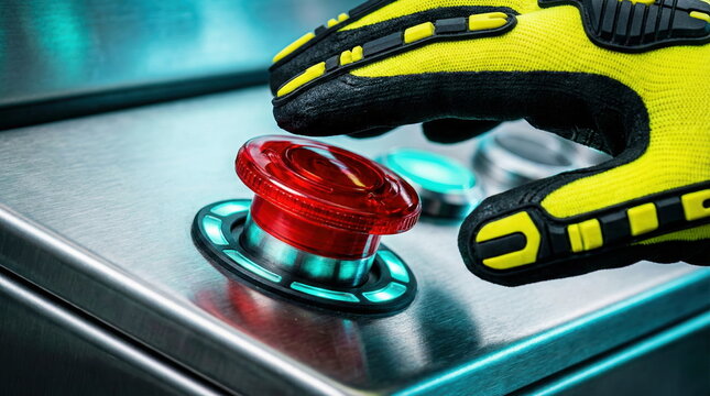 A gloved hand hovers over a red emergency stop button on an industrial control panel, highlighting safety and critical operations.