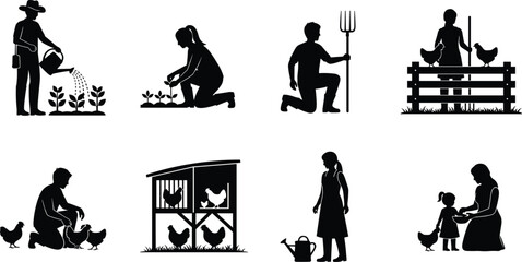 Large Collection of Farmer and Poultry Silhouettes Gardening Watering Plants Feeding Chickens and Rural Life Activities for Agriculture Homesteading and Sustainable Farm Project Graphics © Its Ariful 