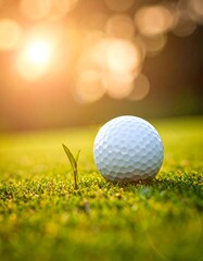 A golf ball on green grass with a sunny background