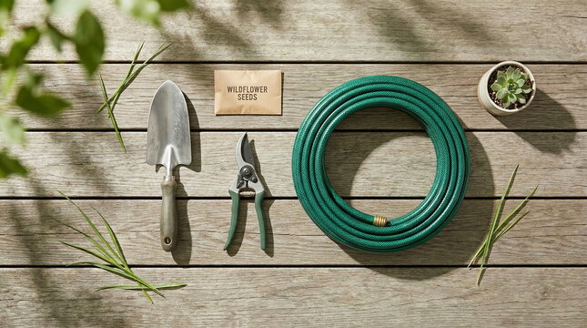 Top view of gardening tools, wildflower seeds, and a coiled hose on a wooden background with natural light, perfect for spring planting.