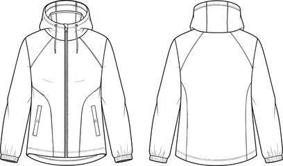 Technical fashion flat sketch collection featuring bomber jackets hooded windbreakers tote bags and travel duffel bags with measurements for apparel manufacturing and design tech pack © Its Ariful 