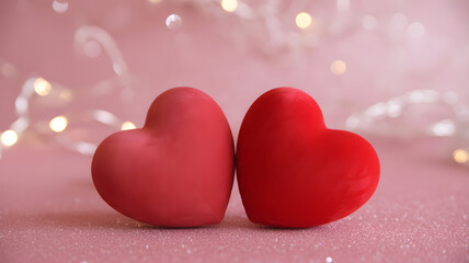 Fototapeta premium Two red heart shaped pillows on pink background with lights
