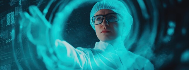 Female scientist wearing a lab coat and hairnet, interacting with a glowing futuristic virtual interface in a dark laboratory