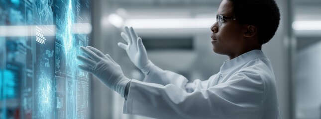 Scientist in lab coat and gloves interacting with a digital brain hologram, researching neuroscience and advanced technology