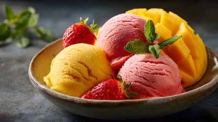 Mango and strawberry ice cream scoops in a ceramics bowl with fresh fruit slice