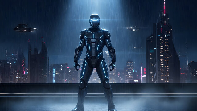 A futuristic high tech hero in glowing blue and black armor standing on a rooftop in a rainy cyberpunk city