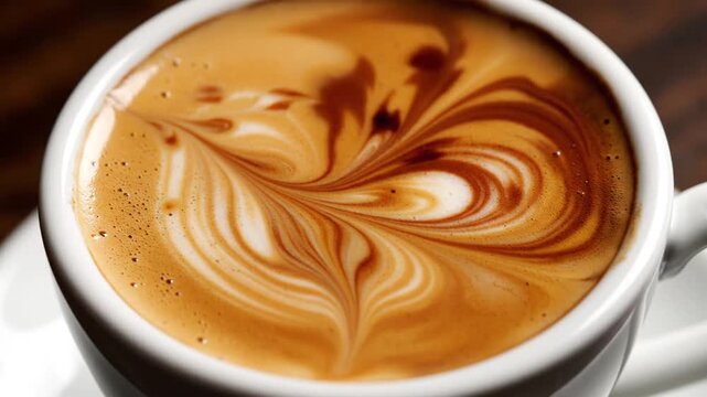 Close-up of a cup of coffee with intricate latte art on top, served in a white mug on a saucer against a dark wooden background with warm tones.