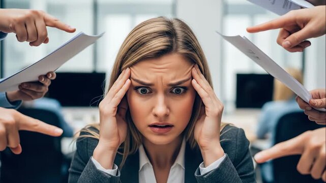 Woman stressed by multiple hands pointing papers.