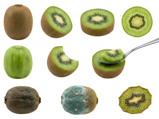 Fototapeta premium Kiwi Fruit: Fresh, Cut, Spoiled and Presented on White Background