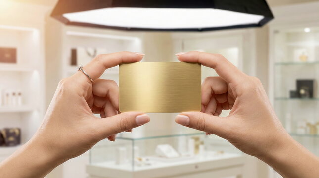Female hands hold a blank golden metal card in a luxury jewelry store, perfect for premium branding, credit, or gift card design.