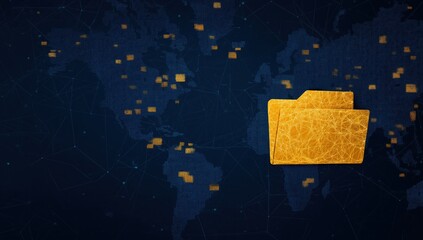 Digital folder holding global data over a world map, representing business technology, cloud computing, and cybersecurity