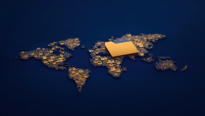 World map made of connected data points and a file folder, symbolizing global information transfer and cloud storage