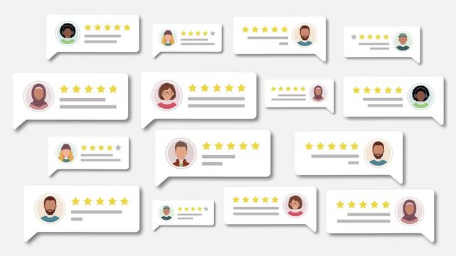 User reviews speech bubbles animation with rating stars and diverse avatars for customer feedback concept on white background