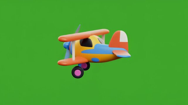 A cute cartoon-style biplane toy with bright colors gently rotating in place, isolated again