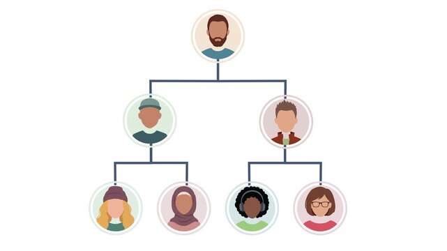 People connection tree animation with diverse avatars for organizational chart and corporate hierarchy concept on white background