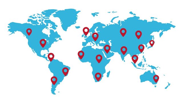 World map animation with red location pins popping up for global travel and logistics business concept on white background