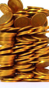 Gold coins fall into a pile on a white background, 3D animated video