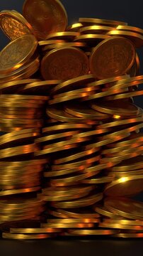 Gold coins fall into a pile on a dark background, 3D animated video