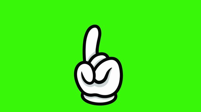 Cartoon hand with white glove pointing finger up for attention or number one gesture on green screen background