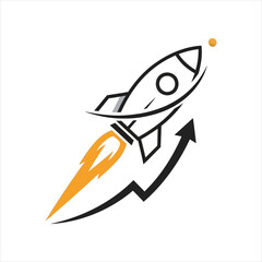 Rocket ship launching into space with flame and arrow