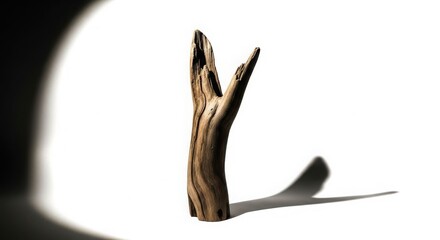 Fototapeta premium A piece of textured driftwood stands upright on a clean white surface, dramatically illuminated by a spotlight, casting a long shadow.