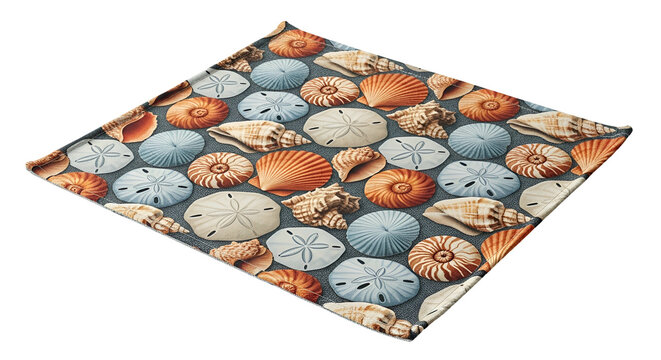 A vibrant pattern of assorted seashells in various colors and shapes arranged on a flat surface viewed from above