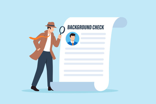 Flat illustration of detective checking candidate profile document with magnifying glass symbolizing employee screening verification recruitment risk assessment and identity validation