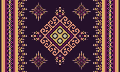 Obraz premium Luxury ethnic geometric pattern with gold and pink details on deep purple background, inspired by traditional cultural art.