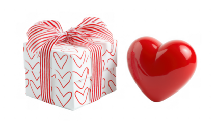 Red heart next to a white gift box with heart pattern, created AI, PNG