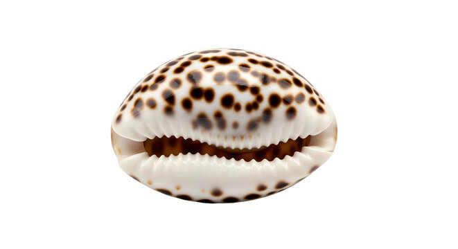 A cowrie shell with brown and white patterns is displayed on a plain surface from a front viewpoint.