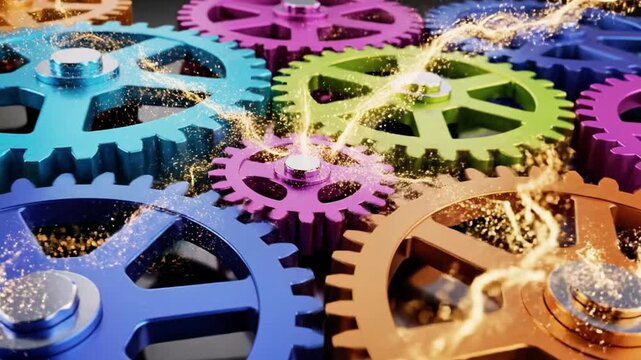 A close-up of colorful interlocking gears with sparks flying between them