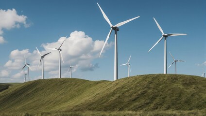 Wind turbines atop rolling hills under a clear blue sky