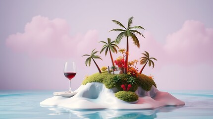 Fantasy Miniature Island Inside Wine Glass Dreamlike Illustration